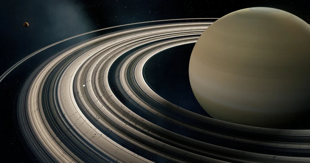 A view of the planet Saturn surrounded by its many rings