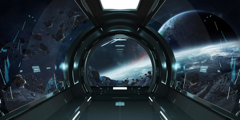 Inside a futuristic spaceship looking out over a blue and black planet's surface